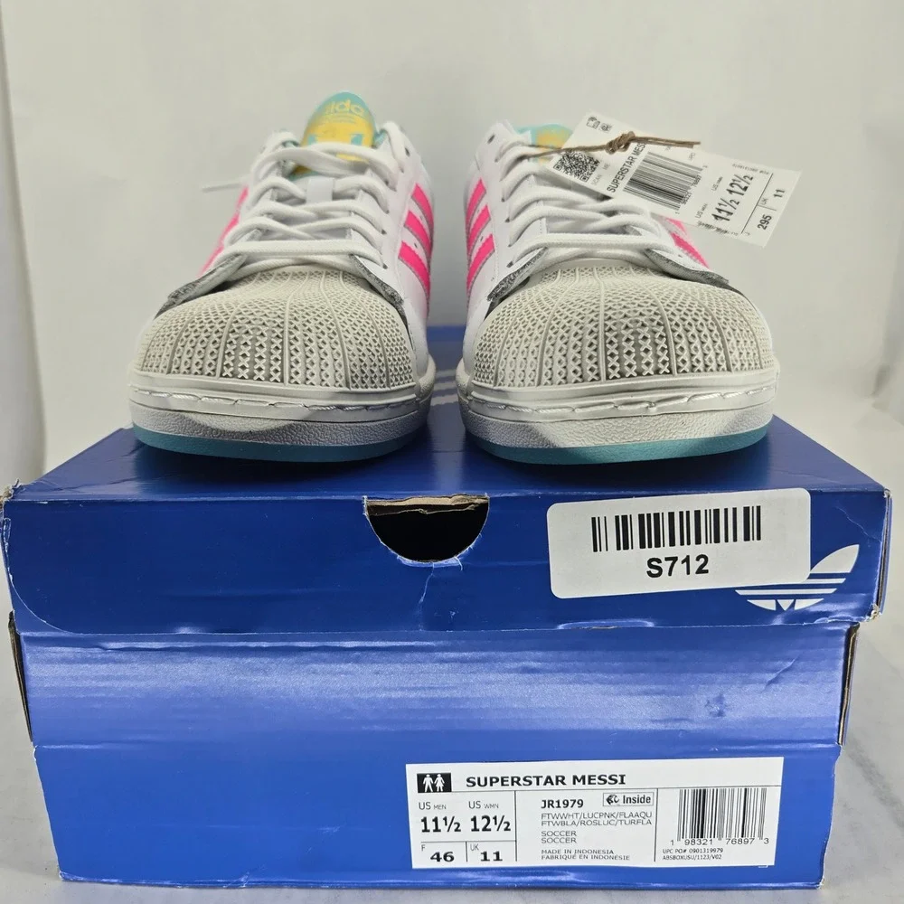 Adidas Superstar Messi JR1979 White Pink Aqua Blue Shell Toe Shoes Mens 11.5